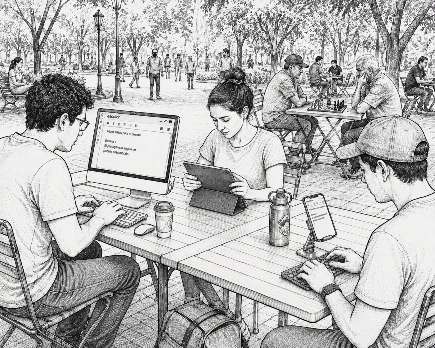 Escritores trabajando en un parque con dispositivos móviles